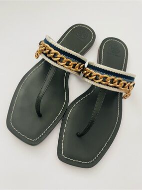 Tory Burch Black Braided Navy & Cream Chain-Detail Thong Sandals